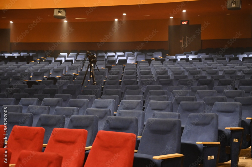 Naklejka premium Empty conсert hall. Cinema hall. Blue and Red soft Chairs. Theater Hall.