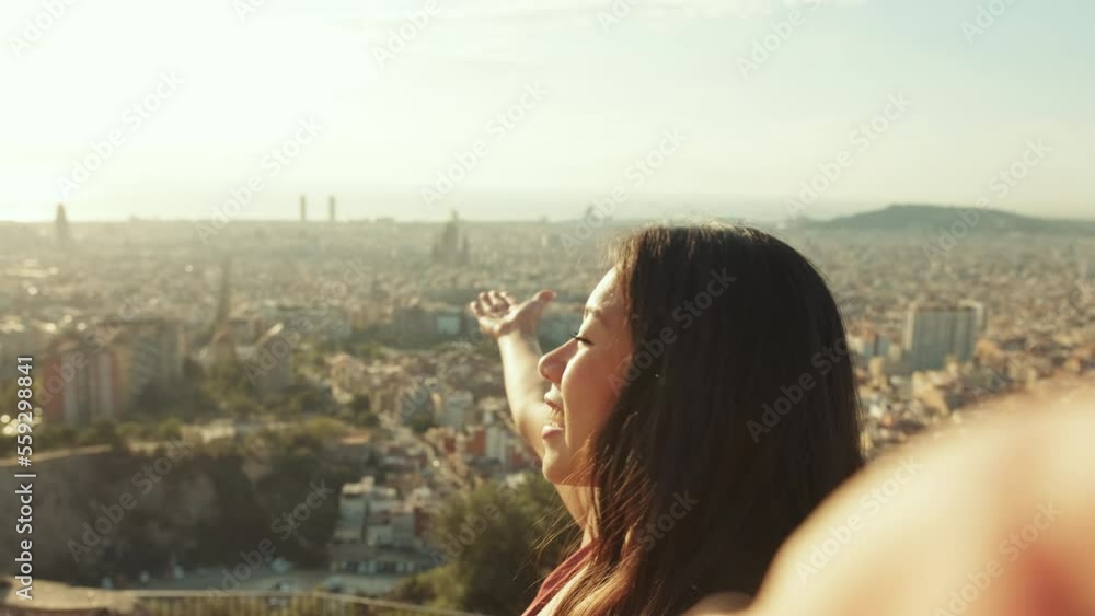 Close up, young woman standing on an observation deck is broadcasting live using mobile phone
broadcast live via mobile phone Close up, young woman standing on an observation deck is broadcasting live using mobile phone
broadcast live via mobile phone