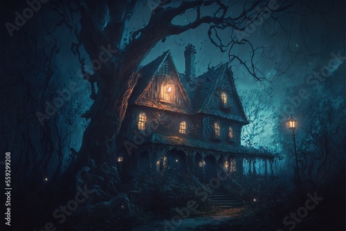 Creepy Haunted House at Night, Halloween Background, Concept Art, Digital Illustration, Generative AI