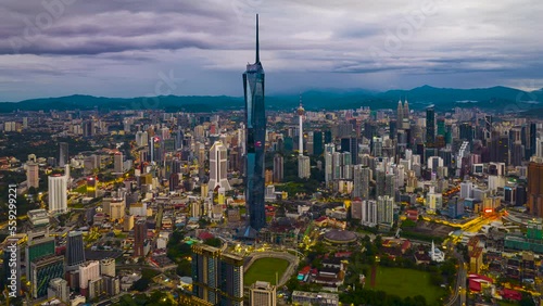aerial hyperlapse cinematic footage of the world's second tallest building during sunrise
