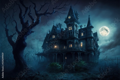 Creepy Haunted House at Night  Halloween Background  Concept Art  Digital Illustration  Generative AI