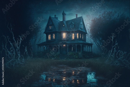 Creepy Haunted House at Night, Halloween Background, Concept Art, Digital Illustration, Generative AI © Badger