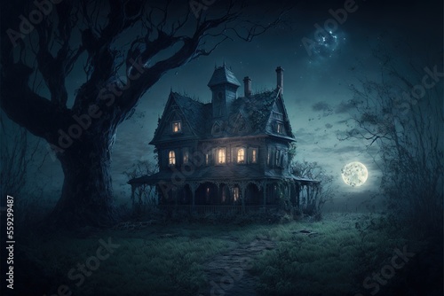 Creepy Haunted House at Night, Halloween Background, Concept Art, Digital Illustration, Generative AI