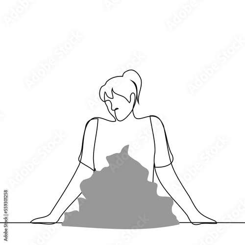 woman tired or puzzled stands over a pile of things or garbage - line drawing vector. the concept of reluctance to disassemble the trash or clean up