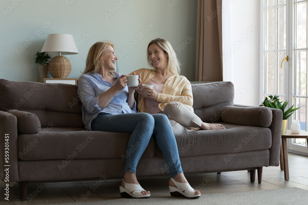 Happy middle aged mom and pretty adult daughter chatting over cup of coffee, enjoying meeting, family leisure, sitting on home couch together, talking, holding mugs of hot drinks. Full length shot
