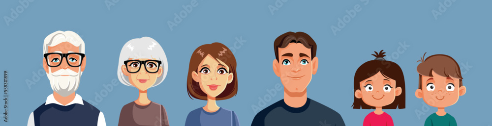 Three Generations Family Vector Cartoon Illustration. Mother, father, grandparents, and grandchildren set of avatars
Three Generations Family Vector Cartoon Illustration. Mother, father, grandparents, and grandchildren set of avatars