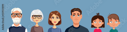 Three Generations Family Vector Cartoon Illustration. Mother, father, grandparents, and grandchildren set of avatars
