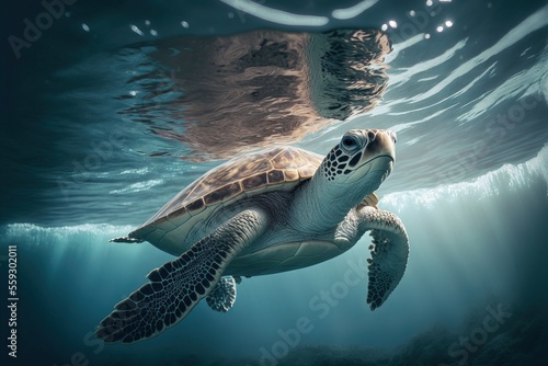 Tortoise swimming in the ocean. Illustration generated by AI.