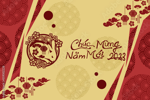 Translation: Happy New Year, 2023. Happy Vietnamese New Year Tet  or Tết Day 2023 year of the Rabbit vector illustration. Suitable for greeting card, poster and banner. 