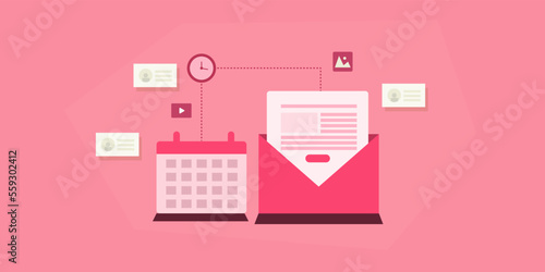 Email calendar sending email on schedule marketing campaign business management concept, web banner.