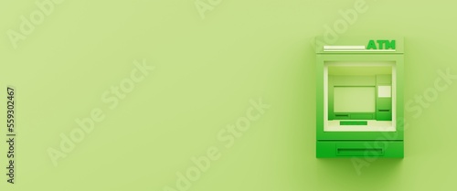 front view of withdrawal machine. copy space, banner of ATM bank cash machine 3d illustration monochromatic green art.
