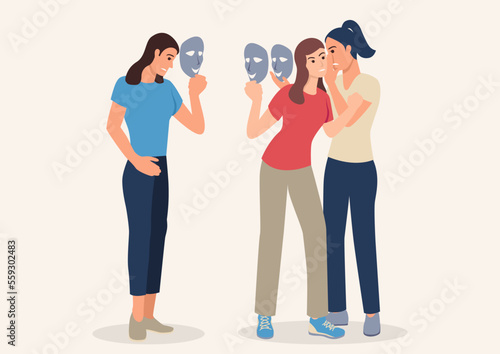 Vector illustration of two women gossiping and whispering while holding masks. Fake friendship, hypocrisy, hidden intentions, trust issues, manipulation, and toxic relationships concepts.