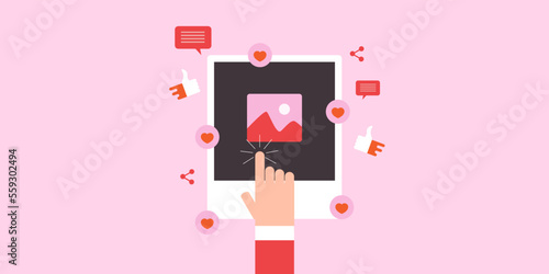 Person interacting with social media content, bringing likes, share and reactions to the social media post, digital marketing strategy, web banner template.