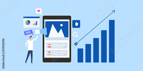 Fotografia Businessman with speaker promoting branded post on social media from mobile screen, growing audience engagement rate, increase arrow graph data concept