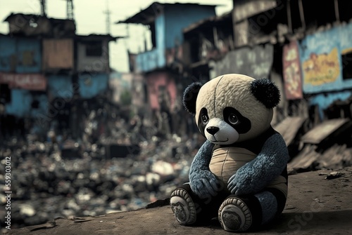 Homeless panda teddy bear in dirty city slums alone and emotionally sad; forgotten, discarded and lost surrounded by abandoned destroyed building ruins - Generative AI illustration.