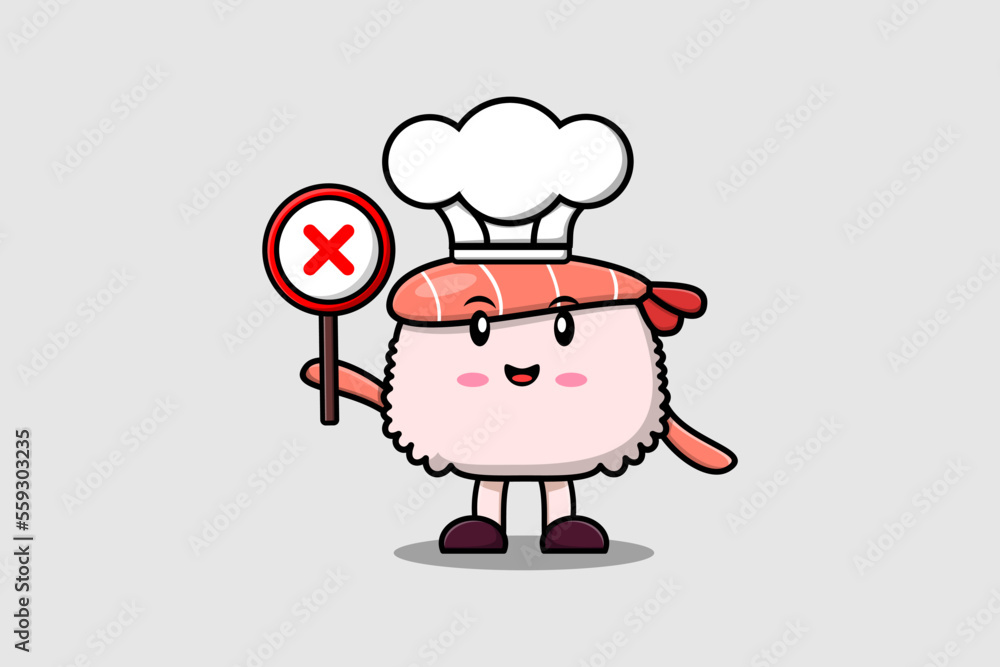 Obraz premium cute cartoon Sushi shrimp chef holding wrong sign board in vector character illustration