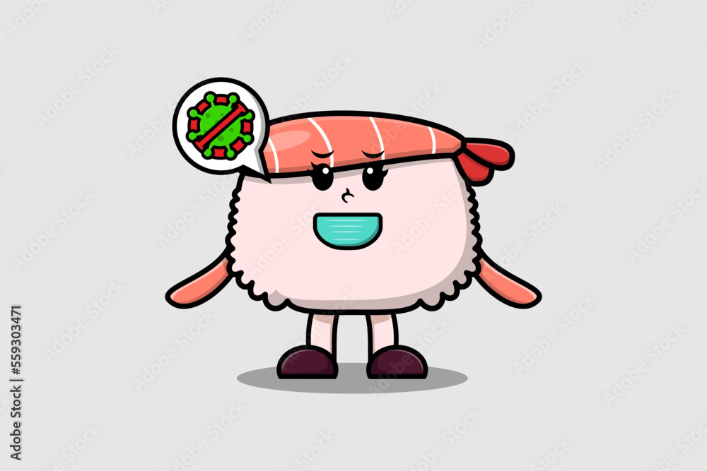 Cute cartoon illustration Sushi shrimp using mask to prevent virus in cute modern style design Cute cartoon illustration Sushi shrimp using mask to prevent virus in cute modern style design