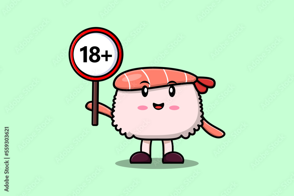 cute cartoon Sushi shrimp holding 18 plus sign board in vector character illustration cute cartoon Sushi shrimp holding 18 plus sign board in vector character illustration