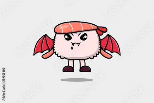 Cute mascot cartoon Sushi shrimp character as dracula with wings in cute modern style 
