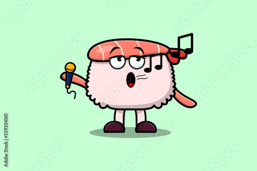 Cute cartoon Sushi shrimp singer character holding mic in flat modern style design illustrations