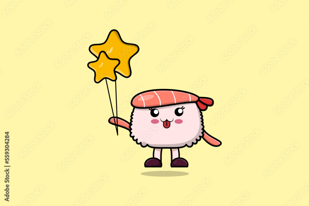 Naklejka premium Cute cartoon Sushi shrimp floating with balloon cartoon vector illustration 