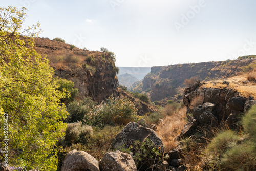 A mountain gorge through which the Gamla stream flows on the Dolmen Path in Gamla Nature Reserve, Golan Heights, northern Israel
