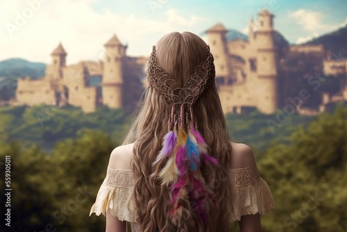 illustration of beautiful woman wearing boho headdress with nature and ancient castle as background