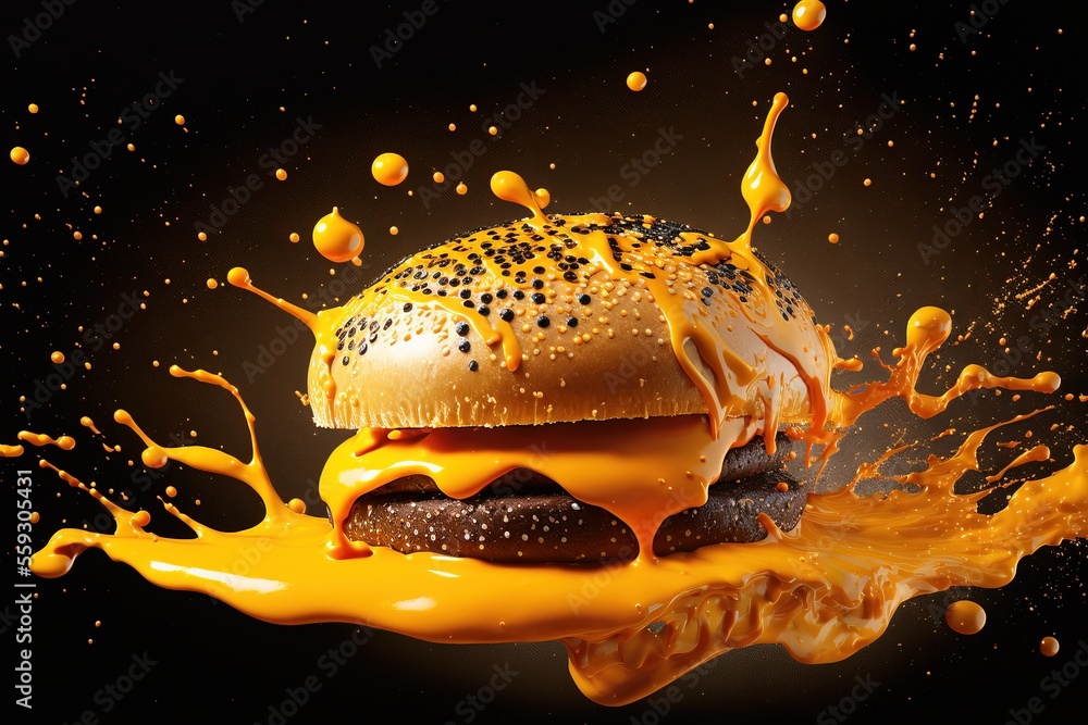 Hamburger with splashing cheese, isolated on black background. Generative AI Hamburger with splashing cheese, isolated on black background. Generative AI