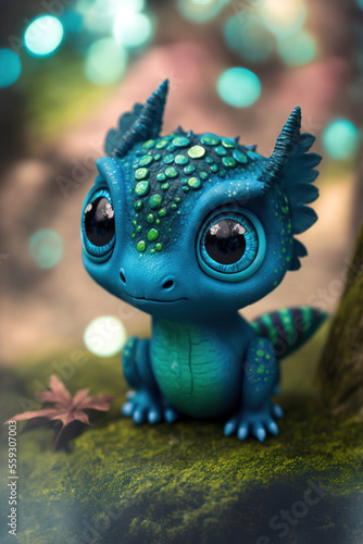 Cute Turquoise Cyan Baby Creature in the Forest, Generative AI