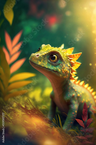 Curious green and yellow  baby gecko in fantasy forest, generative AI © Roger