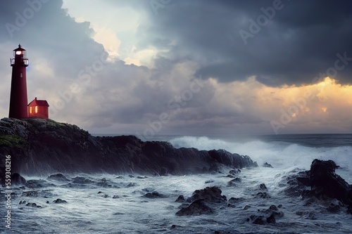 Lighthouse by the Ocean Sea at Sunset Waves Background Image