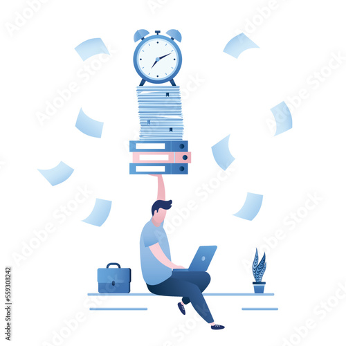 Confident businessman working with laptop while hold load of paperwork. Ability to work under pressure, leadership skill to success, control stressed complete work within timeline, deadline.