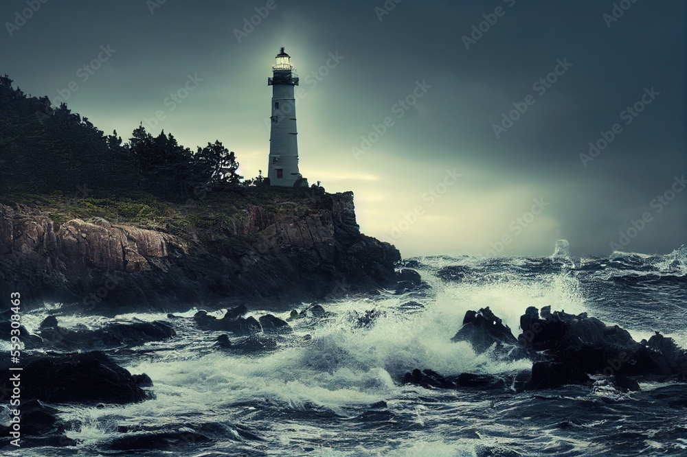 Lighthouse by the Ocean Sea at Sunset Waves Background Image