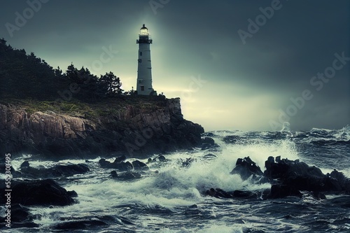 Lighthouse by the Ocean Sea at Sunset Waves Background Image © DigitalFury