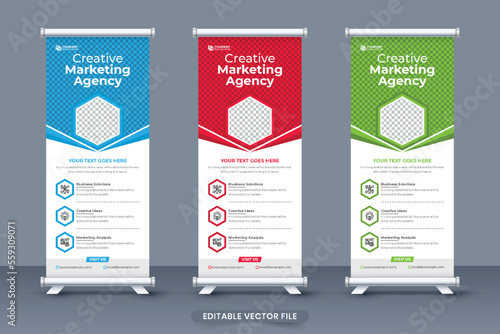 Creative marketing agency roll up banner design with red, blue, and green colors. Business promotional standee banner template with geometric shapes. Corporate exhibition poster design for marketing.