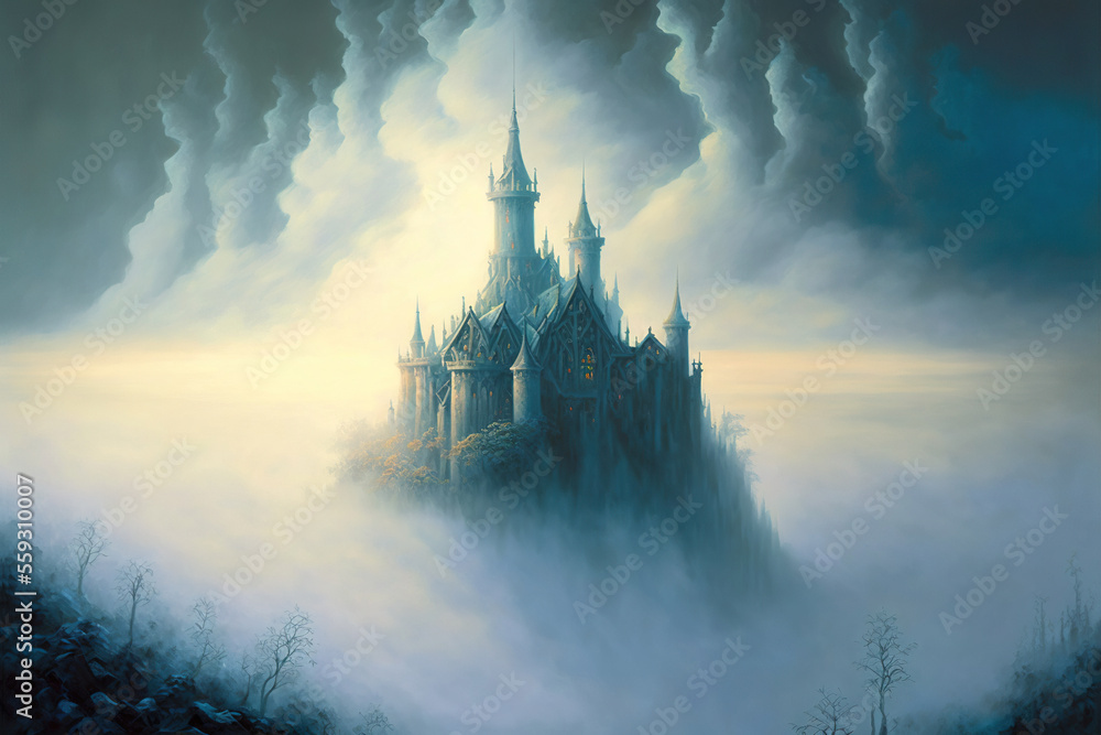 A castle rising above the fog.