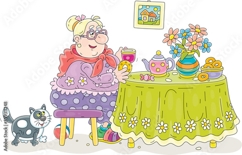Funny plump housewife and a chubby cat sitting at their kitchen table with a beautiful tablecloth, a teapot and a vase of summer garden flowers and drinking tea with tasty bagels, vector cartoon