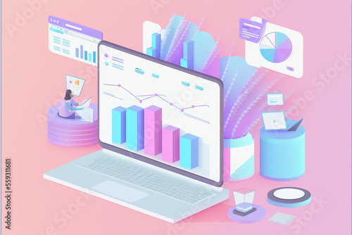 3D SEO Optimization, web analytics and seo marketing concept, graphs and charts on computer. 3d render illustration, generative art