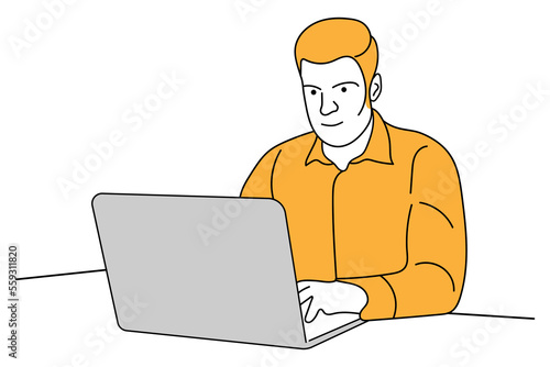 Illustration of a boy laptop use lineart vector design white background