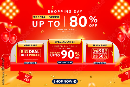 Realistic 3D style podium vector banner for web or social media shopping online.