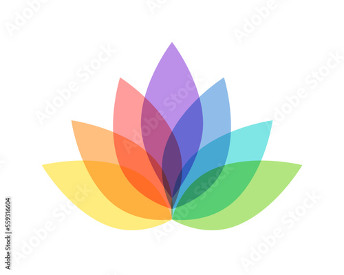 Colorful lotus flower concept. 7 petals and seven colors. Abstract vector illustration, symbol, icon, logo, isolated on white background.