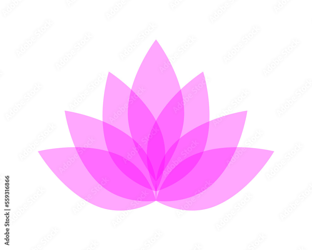Beautiful lotus flower in bloom. Pink petals, multilayer design, vector illustration and icon isolated on white background.