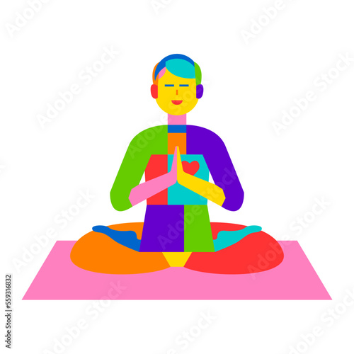 Yoga, meditation concept. Man sitting on yoga mat, sukhasana pose. Male silhouette, crossed legs, palms and hands touching. Abstract colorful design. Vector illustration isolated on white background.