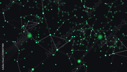 The design of the movement is a combination of green particles. Motion graphics are green dust connected by kelly plexuses 4k. The blue web is blurred by a dark background