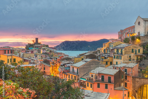 Vernazza village of Cinque Terre national park at coast of Liguria, Italy at sunset. Travel destination
