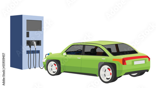 Perspectives electric vehicle sport car charging parking at the charger station with a plug in cable. Charging in the front of car to battery. Isolated flat vector illustration on white background.