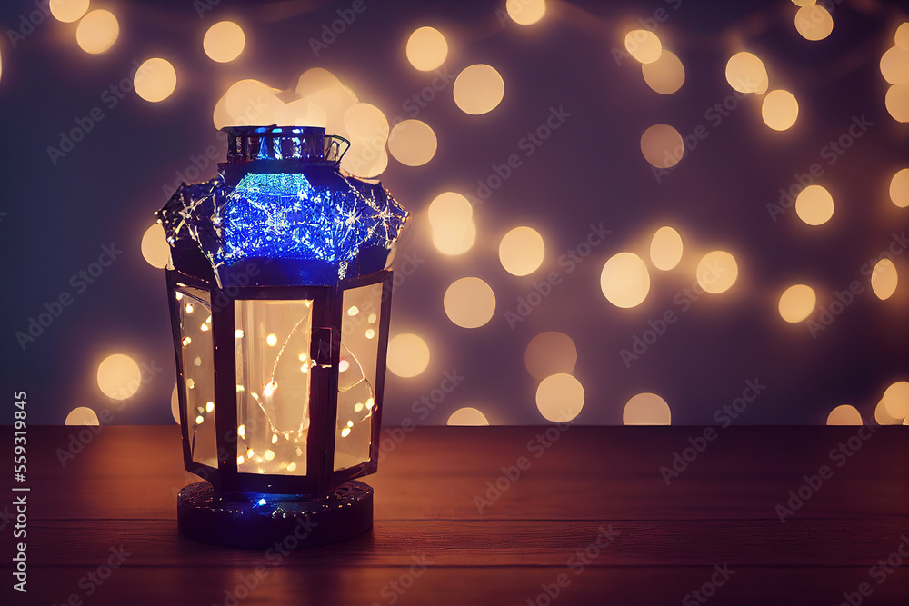 Classic blue lantern on wooden table and unfocused lights at background. Evening magic atmosphere concept picture with dark phantom background view with lamps unfocused illumination Classic blue lantern on wooden table and unfocused lights at background. Evening magic atmosphere concept picture with dark phantom background view with lamps unfocused illumination
