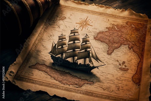 Old navigation map used by conquistador. Illustration generated by AI. photo
