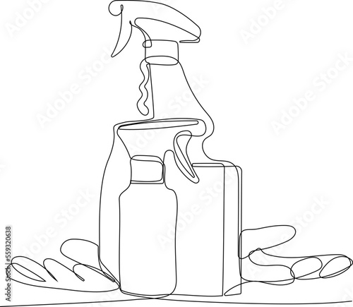 Continuous one line drawing of bottles for liquid laundry detergent, bleach, fabric softener, dishwashing liquid or another cleaning agent. Easy to place your text and brand logo. Vector illustration