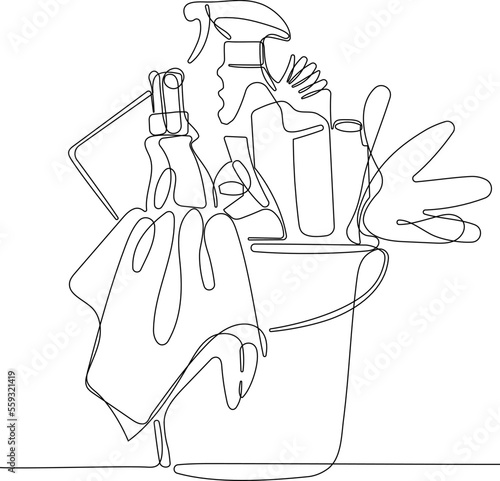 Continuous one line drawing of bottles for liquid laundry detergent, bleach, fabric softener, dishwashing liquid or another cleaning agent. Easy to place your text and brand logo. Vector illustration